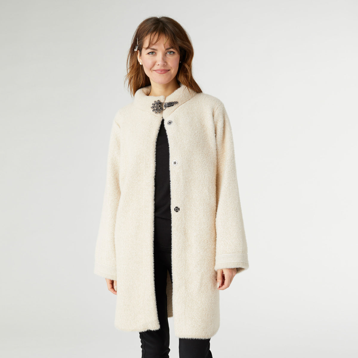 Joella Brushed Knit Coat with Broach - Oatmeal - Final Sale Joella Brushed Knit Coat with Broach - Oatmeal - Final Sale