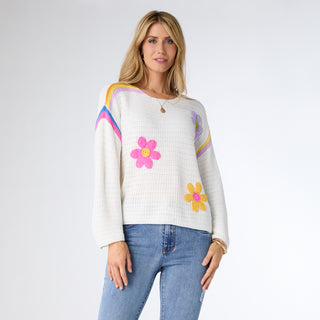 Cari Knit Top with Crochet Flowers - White