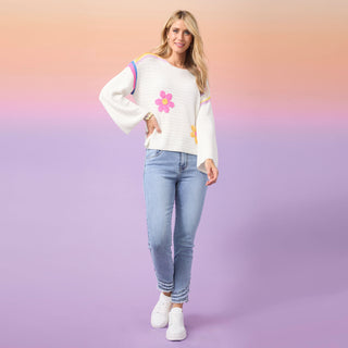 Cari Knit Top with Crochet Flowers - White
