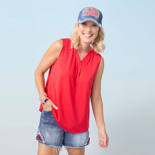 Erin Pleat Back V-Neck Tank - Tango Red