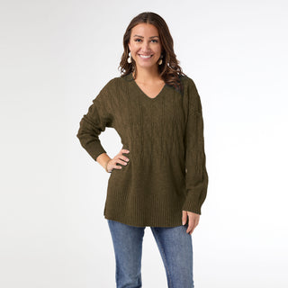 Heavenly-Luxe V Neck Cable Sweater with Rib Bottom - Olive