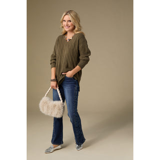 Heavenly-Luxe V Neck Cable Sweater with Rib Bottom - Olive