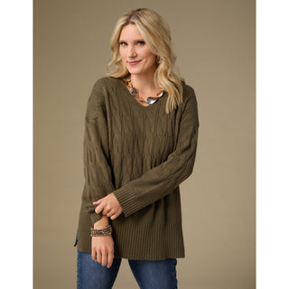 Heavenly-Luxe V Neck Cable Sweater with Rib Bottom - Olive