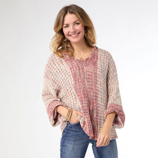 Neville Multi Color V-Neck Sweater with Hood - Burgundy/Natural