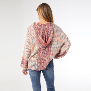 Neville Multi Color V-Neck Sweater with Hood - Burgundy/Natural