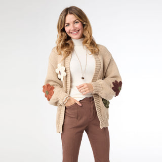 Caroline Open Cardigan with Flower Detail - Tan
