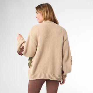 Caroline Open Cardigan with Flower Detail - Tan