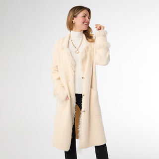 Joslyn Long Cardigan with Shaggy Trim - Ivory
