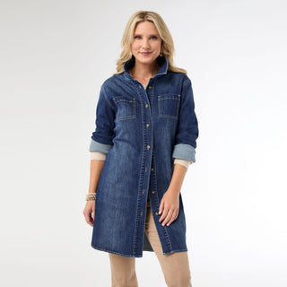 Bambu Soft Button Front Long Shacket - Dark Denim