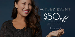 Woman smiling with promotional text for a cyber event discount on a dark background