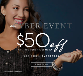 Promotional advertisement for a cyber event with a woman smiling and text offering $50 off with a code.