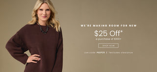 Woman wearing a brown sweater with promotional text on a beige background