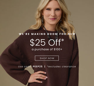 Woman wearing a brown sweater with promotional text on a beige background