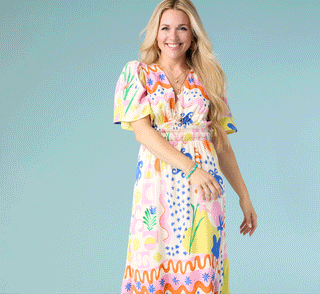 Rotating GIF of women wearing spring dresses on various backgrounds.