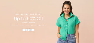 Woman wearing a green shirt with a 'Spring Savings Event' banner on a beige background