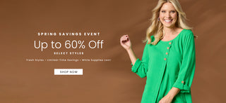 Woman in a green top promoting a spring savings event with text on a brown background