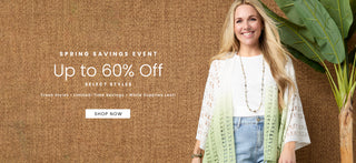 Woman wearing a green and white kimono-style garment with a brown textured background and promotional text for a spring savings event.