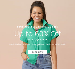 Woman wearing a green shirt with promotional text for a spring savings event on a beige background