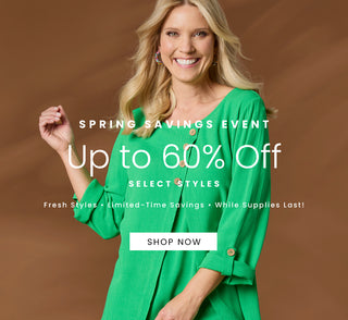 Woman in a green top with a spring savings event promotion on a brown background