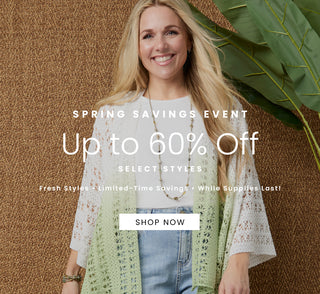 Woman standing outdoors with promotional text for a spring savings event.