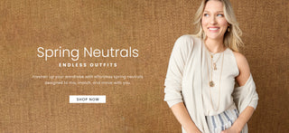 Woman in a neutral outfit with text about spring neutrals on a brown background