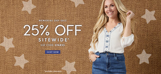 Promotional banner for Memorial Day sale with a woman in a white blouse and blue jeans against a star-patterned background.
