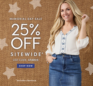 Promotional image with a woman in a white blouse and blue jeans, featuring a Memorial Day sale advertisement on a brown background with star patterns.