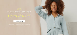 A promotional banner for a 'Summer Clearance Event' featuring a woman with curly hair wearing a light blue long-sleeve button-up shirt and matching short. The left side of the banner has a beige background with yellow text reading 'Up to 75% Off' and a 'SHOP NOW' button.