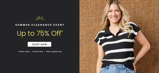 Woman wearing a black and white striped shirt with a promotional banner for a summer clearance event on the left.