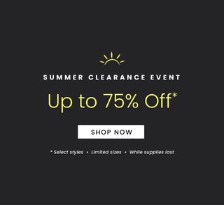 Summer clearance event advertisement with up to 75% off* offer on a black background. *select styles, limited sizes, while supplies last.
