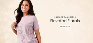 Woman wearing a light purple dress with floral embroidery on a beige background, promoting 'Elevated Florals' with text overlay.