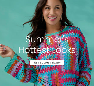 Woman wearing a colorful crochet sweater with text overlay on a teal background