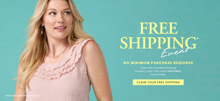 A promotional banner featuring a blonde woman in a light pink ruffled sleeveless top against a teal background, with large text reading 'FREE SHIPPING Event' and a yellow button that says 'CLAIM YOUR FREE SHIPPING'.