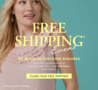 Promotional graphic with a woman in a pale pink ruffled top against a teal background, overlaid with large yellow text reading 'FREE SHIPPING Event' and smaller shipping offer text, plus a yellow 'CLAIM YOUR FREE SHIPPING' button.