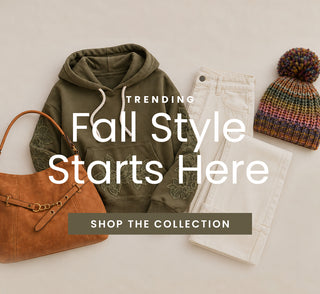 A styled flat-lay featuring an olive green hoodie with embroidered details, cream-colored pants, a brown leather handbag, and a multicolor knit beanie, arranged on a light beige background with promotional text overlays.