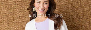 Woman with 'ABOUT US' text on a brown textured background