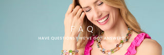 Woman wearing a colorful necklace and bracelet with a light blue background and 'FAQ' text.