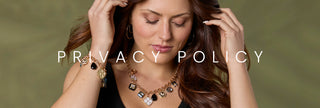 Woman wearing jewelry with 'PRIVACY POLICY' text overlay on a green background