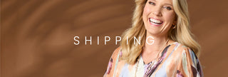 Woman with a smile on a brown background with 'SHIPPING' text overlay