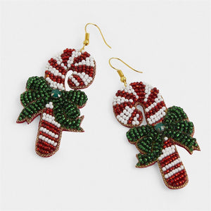 Candy Cane Beaded Earrings - Red