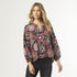 Yolanda Floral Print V-Neck Top  - Black/Red