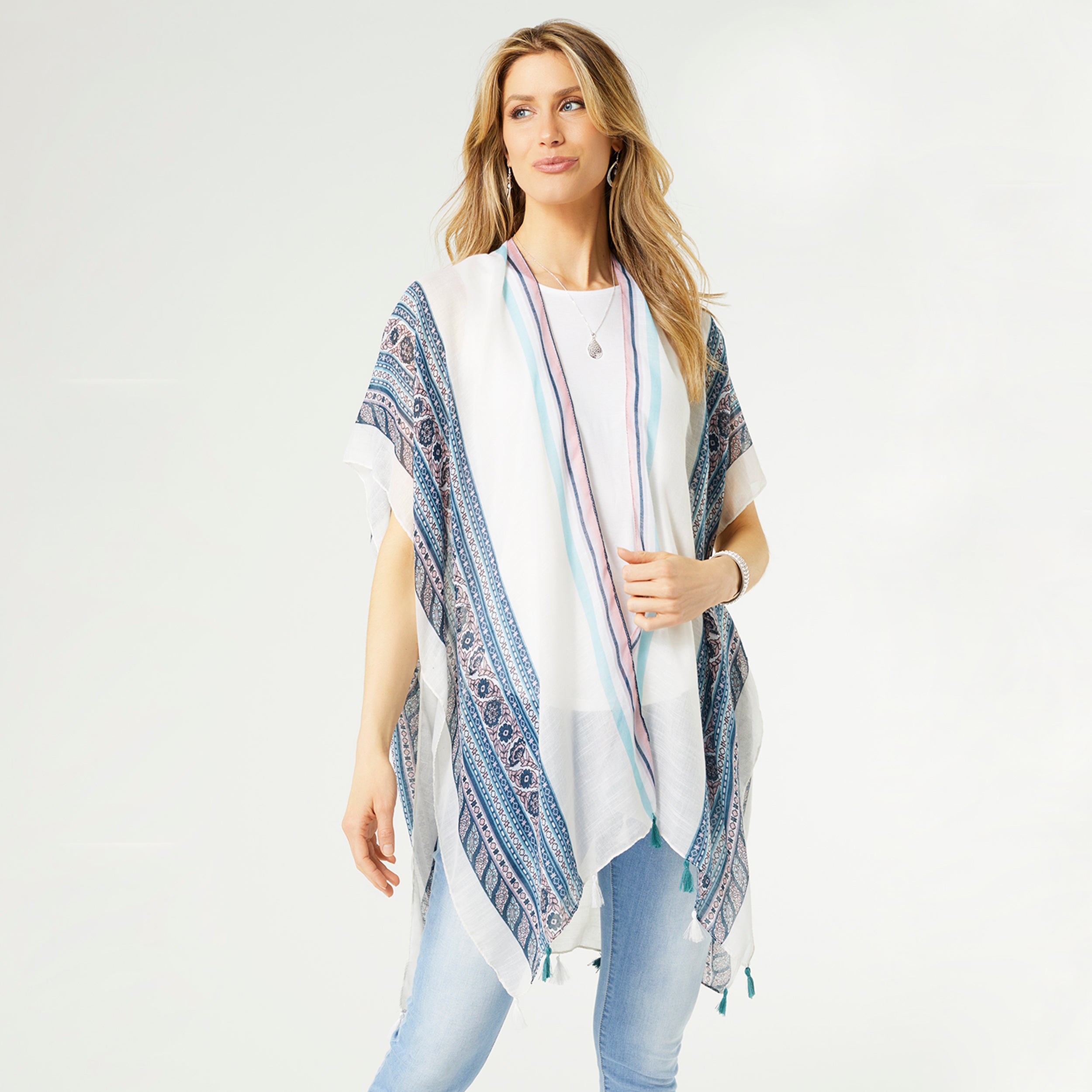 Devyn Ruana with Tassels - White/Navy/Dusty Rose – COCO + CARMEN