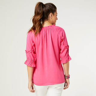 Alice V-Neck Ruffle Sleeve Top - Bright Rose