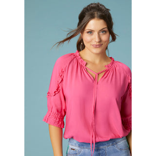 Alice V-Neck Ruffle Sleeve Top - Bright Rose