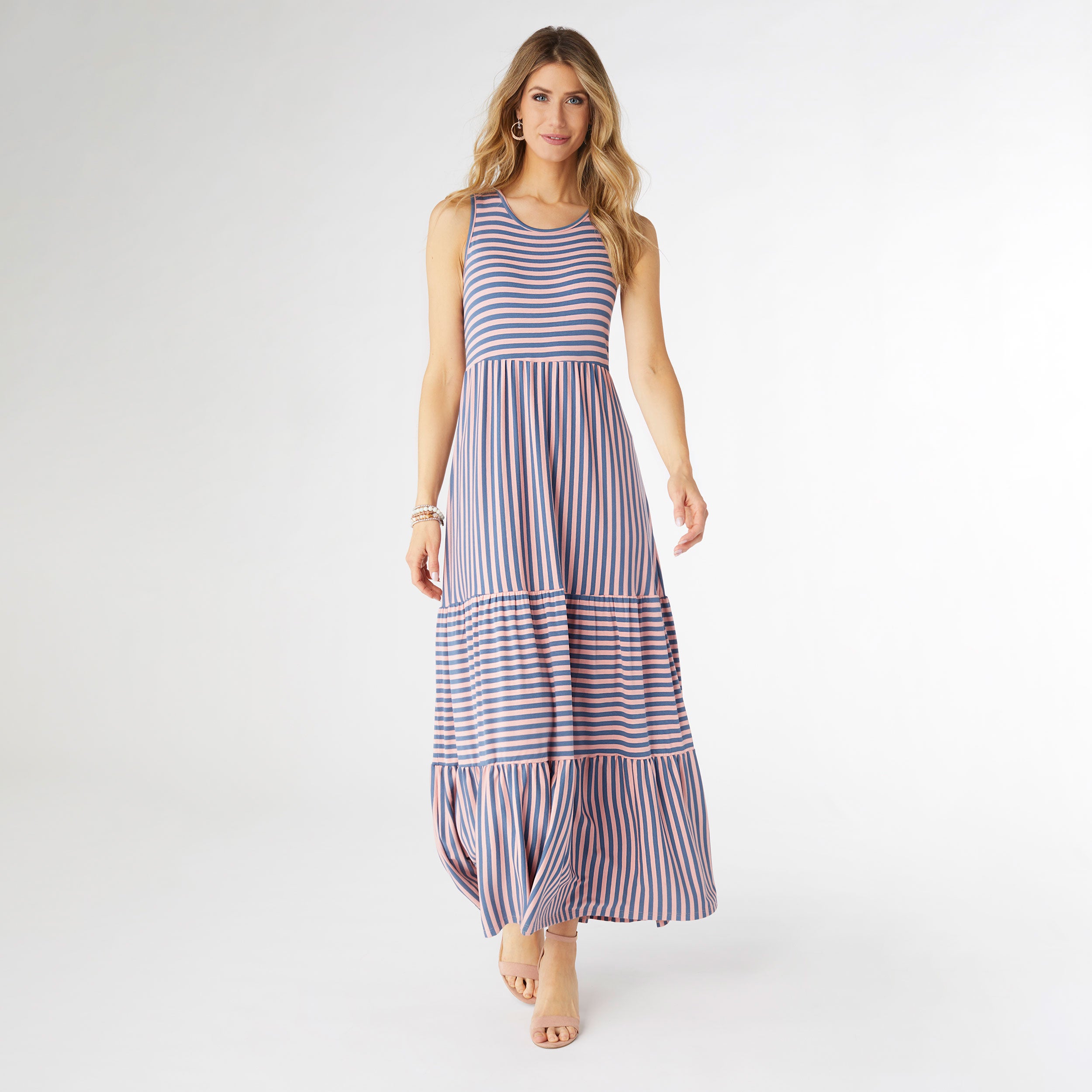 striped tiered maxi dress Off White and Sapphire Striped Tiered Maxi Dress