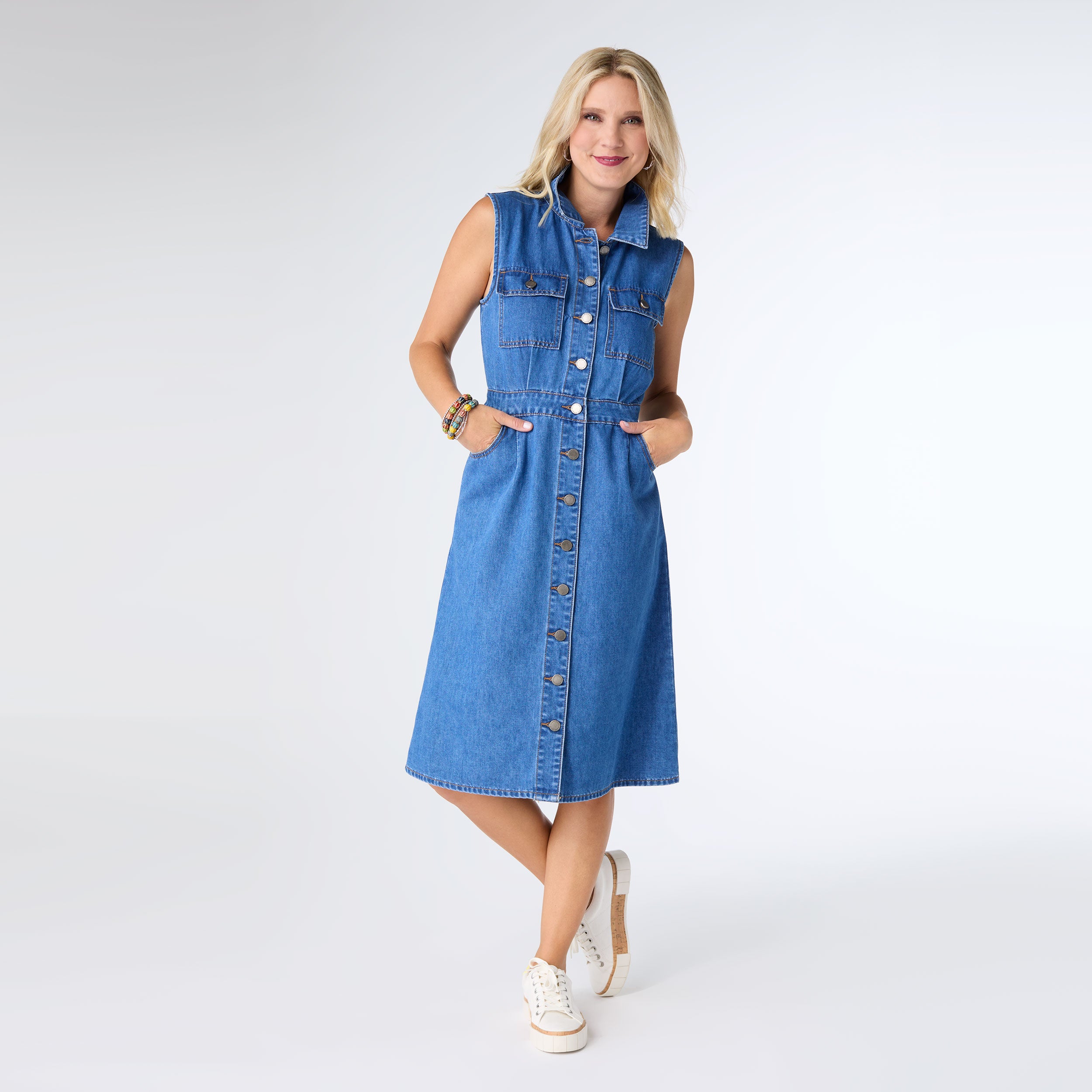 womens denim sleeveless dress Entertain Me Sleeveless A-Line Maxi Dress Denim Blue