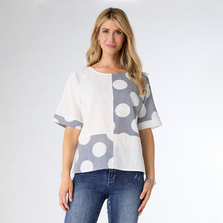 Mazzy Block Print Top - Denim/White