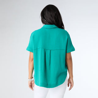 Gina Button Down Gauze Top - Emerald Green