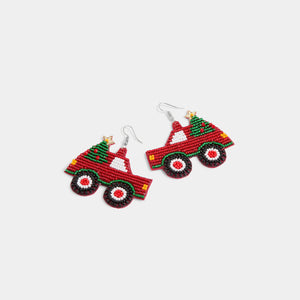 Beaded Christmas Tree Farm Truck Earring - Red/Green