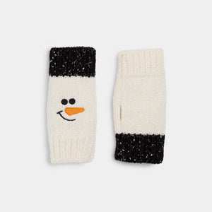 Marled Snowman Knit Fingerless Gloves - Winter White